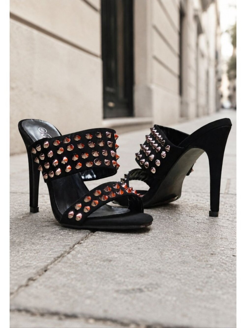 Black Studded Open-Toe Heeled Sandals With Double Strap Stiletto Heel For Women